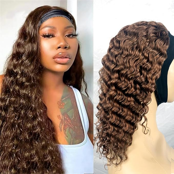 XSY Headband Wig Human Hair Deep Wave Chocolate Brown #4 Brazilian Virgin Curly Headband Wig for Black Women 150% Density 28 Inch