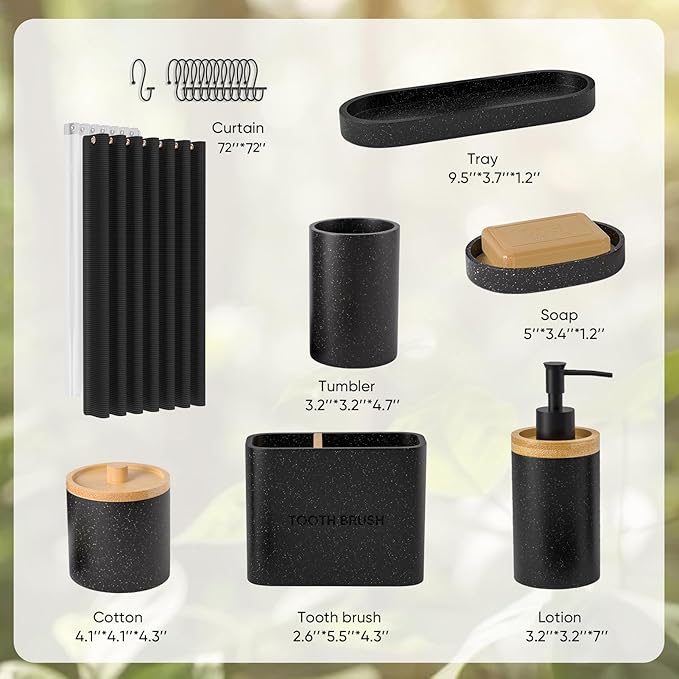 20PC Black Modern Bathroom Accessories Set with Shower Curtain, Toothbrush Holders, Soap Dispenser, Vanity Tray, Cotton Swab Jars, Bathroom Decor Organizer