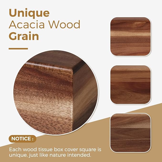 Wood Tissue Box Cover， Acacia Wood Tissue Box Cover Square, Decorative Cube Facial Wooden Tissue Box Holder with Slide-Out Bottom for Bathroom, Bedroom, Dinner Table, Office, Kitchen