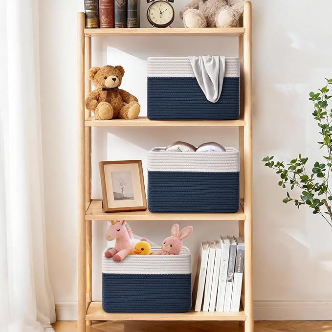 Storage Baskets for Organizing, 4 Pack Baskets for Shelves, Decorative Storage Bins for Shelves, Cotton Rope Storage Basket with Handles, Woven Basket for Storage, 13''Lx8.7''Wx7.9''H, White & Blue