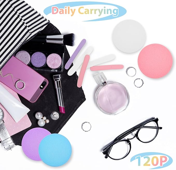 120Pcs Facial Compressed Facial Sponges for Women, Coldairsoap PVA Professional Makeup Sponge Female Removal Pads Compress Exfoliating Face Cleansing Rounds Wash Pad(pink+white+blue+purple)