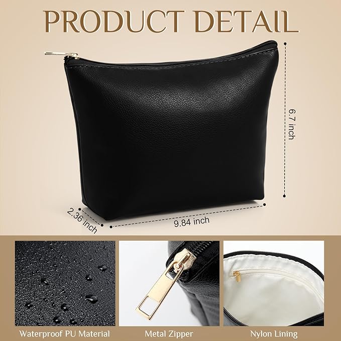 Kigeli PU Leather Makeup Bag for Women Gift Cosmetic Pouch for Purse Waterproof with PU Leather Travel Toiletry Organizer with Zipper for Women Bridesmaid Friend Gift(Black)
