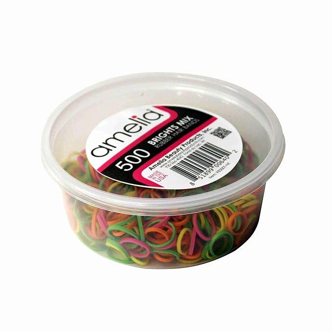 Amelia Beauty 500 Count Small Rubber Bands for Hair – ½" Brights Mix - Made in USA - Recloseable Container - Mini Hair Elastics for Braids, Ponytails, Cornrows & Twists – Strong Hold Ponytail Holders