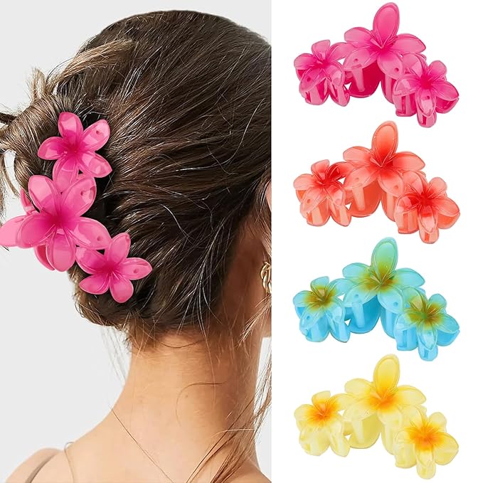 Flower Hair Claw Clips - 4PCS Glossy Hawaiian Clips for Thick and Thin Hair, Non-Slip Strong Hold Hair Accessories for Women and Girls