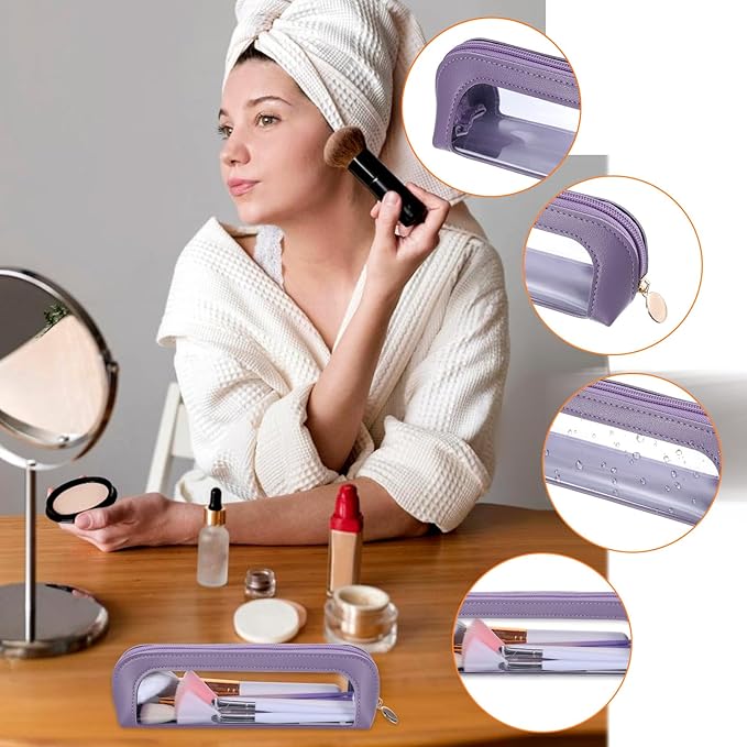 Small Clear Makeup Pouch, PU Leather Portable Makeup Brush Bag Travel Transparent Waterproof Cosmetic Organizer Pouch with Zipper for Women Home Travel Office Cosmetic Storage (Dark Purple)