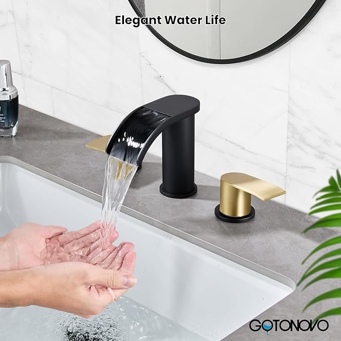 gotonovo Waterfall 8 inch Widespread Bathroom Faucet Set Bathroom Sink Faucet 3 Hole 2 Handle Vanity Lavatory Deck Mount with Pop Up Drain and Water Supply Lines Round Body Brushed Gold and Black
