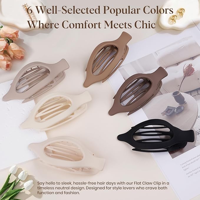 6 PCS Large Flat Hair Clips for Women Girls, French Concord Lay Down Flat Claw Clips for Thick Thin Hair, Comfortable Curved Flat Hair Clip, Matte Non-slip Strong Hold Hair Accessories, Brown