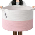 65L Large Blanket Basket,19.7" L x 19.7" W x 13" H Rope Woven Baskets with Handles, Toys Storage Bins,Laundry Basket Perfect for Living Room, Nursery,Bedroom,Home Organization,White&Pink