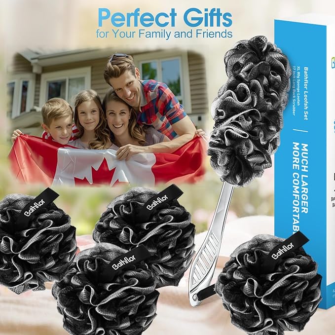 Loofah Sponge Exfoliating Body Scrubber: 4PCS Extra Large 80g Shower Loofahs Poufs, 1PCS Long Handle Loofa Back Scrubber, 1PCS Luffa Hook, Charcoal Loofah Pack for Women Men Bath Wash, Black