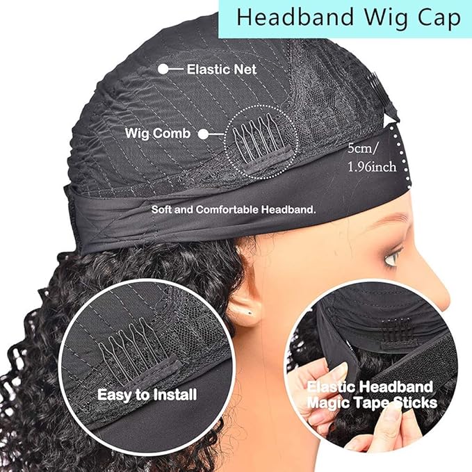 XSY Headband Wig Human Hair Deep Wave Glueless None Lace Front Wig Deep Curly Headband Wig Wear and Go Wigs for Black Women Brazilian Virgin Hair 150% Density Natural Color 8 Inch