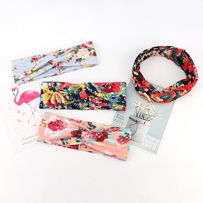 DRESHOW 6 Pack Boho Non-Slip Headbands for Women Girls Yoga Workout Running Knotted Turban Floral Printed Elastic Head Wrap