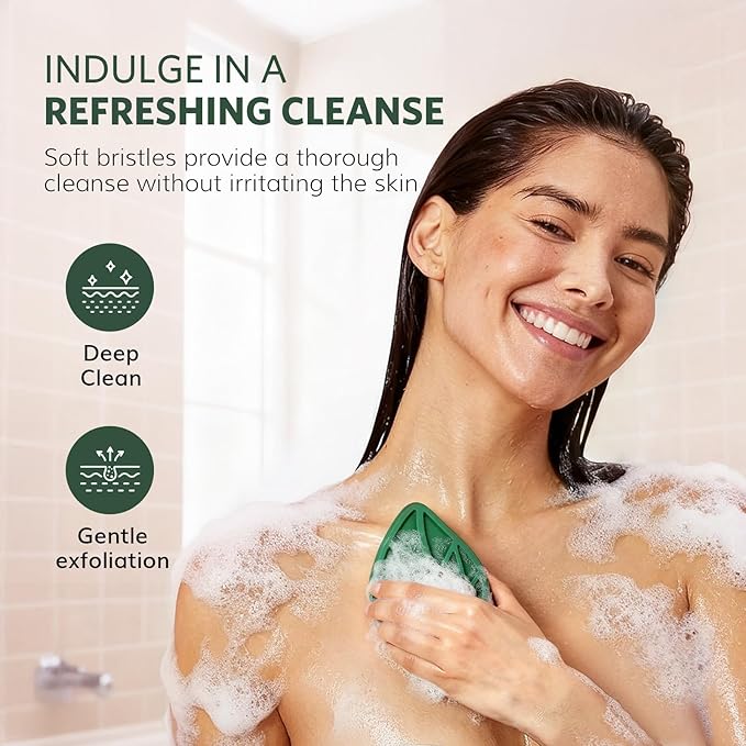 Sndyi Silicone Body Scrubber, Leaf-Shaped Shower Brush for Gentle Cleanse & Exfoliation, Soft Silicone Loofah Body Brush for Sensitive Skin, Romantic Gift for Her/Him, Evergreen