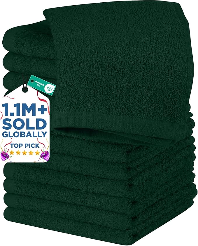 DAN RIVER 12 Pack Wash Cloths for Showering [12x12] - 100% Cotton Washcloths Premium Quality Flannel Face Cloths for Bathroom, Highly Absorbent and Soft Feel Wash Clothes, Hunter Green