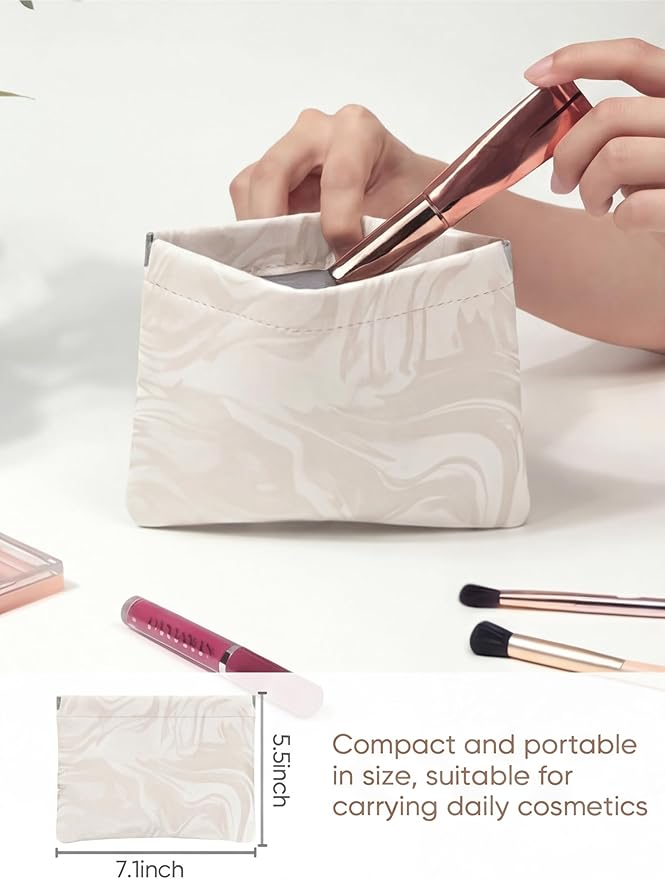PU Leather Makeup Pouch Set for Women Small Make Up Bag for Purse Waterproof Initial Makeup Cosmetic Bags Pouches for Purse Aesthetic Travel Toiletry Bag,Elegant Wave White