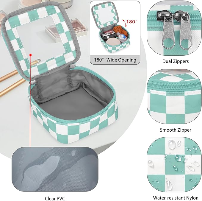 DOB SECHS Mini Checkered Bag for Purse 5.1'' x 5.1'' Small Makeup Bag for Car Cute Clear Cosmetic Bag with Zipper, Tiny Toiletry Bag Lipstick Organizer Pouch Travel Essential Storage Pouch, Mint Green