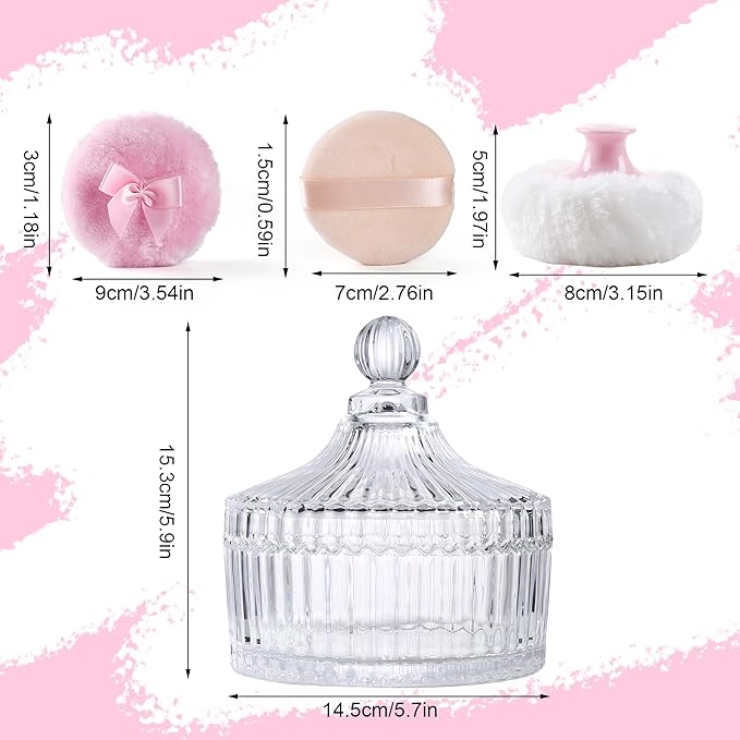 Extra Large Body Powder Puff and Container Set Crystal Powder Container with 3 Soft Velour Power Puffs for Women Baby Face Body Washable Reusable Wet Dry Makeup Valentine's Mother's Day Gifts