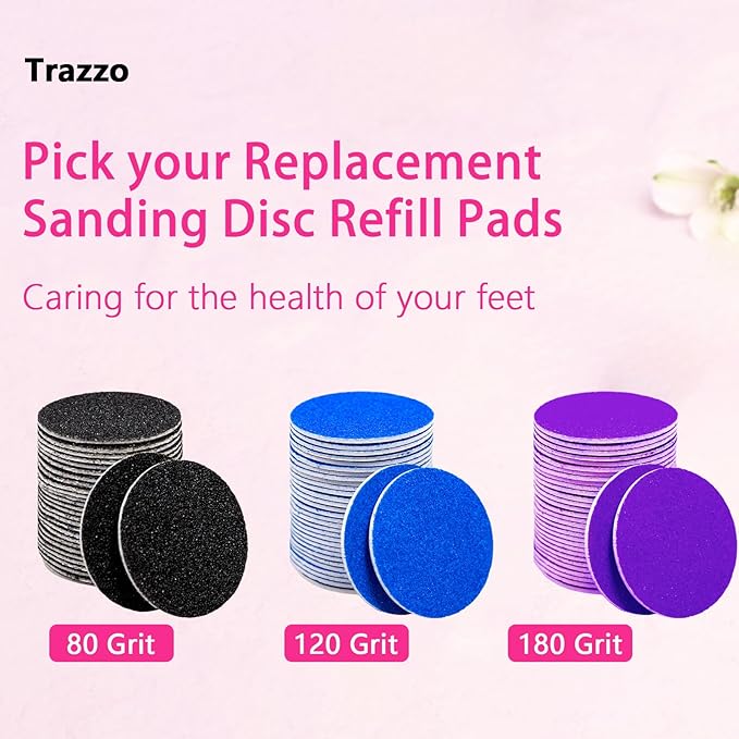 Trazzo 80/120/180 Grit Replacement Sanding Discs for Electric Foot File - Color-Coded Refill Sandpaper Pads for Callus Remover, Fits Most Round Foot Grinders (60PCS)
