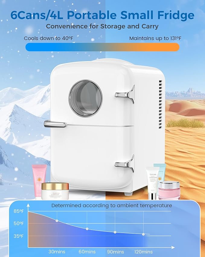 Mini Fridge for Bedroom, 4L/6 Cans Small Cosmetic Fridge for Skincare, Makeup & Drink, With Observation Window, Portable Desk Fridge Cooler and Warmer for Kids, Car, Office, Dorm, White