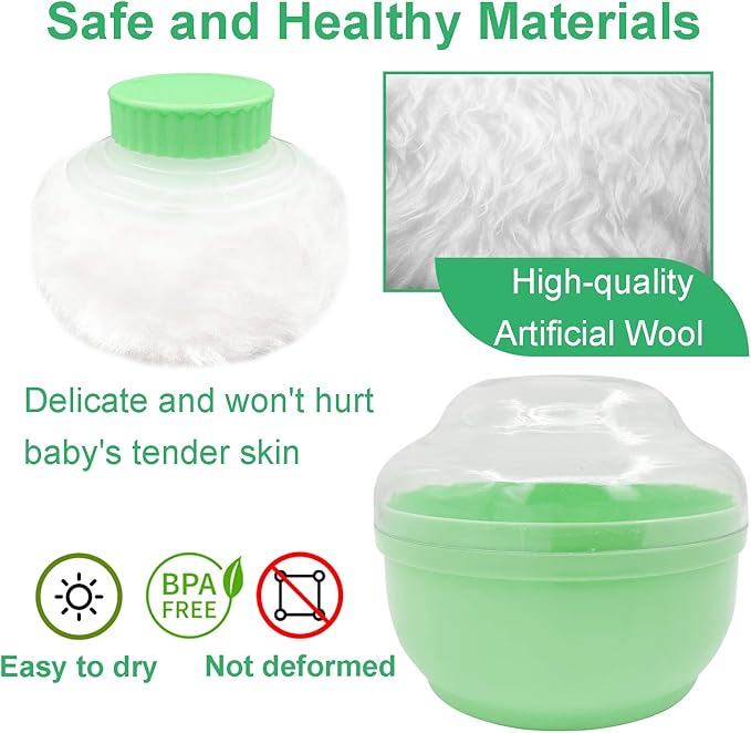 Storage Body Powder Container, Large 3.5" Fluffy Body After-Bath Powder Case, Baby Care Face/Body Villus Powder Puff Box, Makeup Cosmetic Talcum Powder Container with Hand Holder (Green)