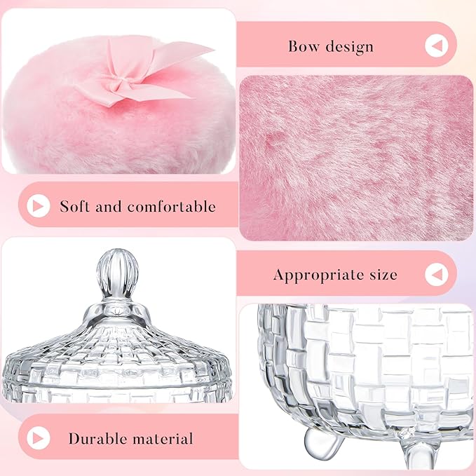 Tioncy 3 Pcs Large Body Powder Puff and Container Valentine's Day gift Powder Container with Puff Crystal Case Soft Washable Reusable Velour Face Body Glitter Wet Dry Makeup(Weave Design,Clear)