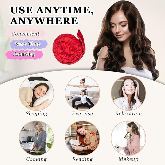 Heatless Curls Overnight Hair Curlers to Sleep In, 9 PCS Velvet Heatless Hair Curler Overnight Curls for Women Long medium Hair Volumes, Heatless Curling Waves Set with Sleep Bonnet - Red