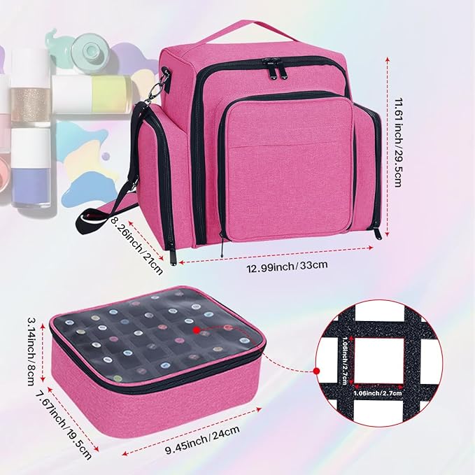 Nail Polish Organizer Holds 60 Bottles and a Nail Lamp,Portable Travel Case with 2 Removable Bags and Tools Storage Pockets Rose Red