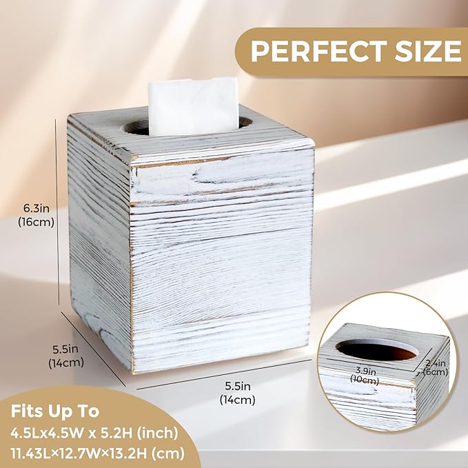 Wood Tissue Box Cover Square, Rustic White Tissue Box Cover, Decorative Cube Facial Wooden Tissue Box Holder with Slide-Out Bottom for Bathroom, Bedroom, Dinner Table, Office, Kitchen