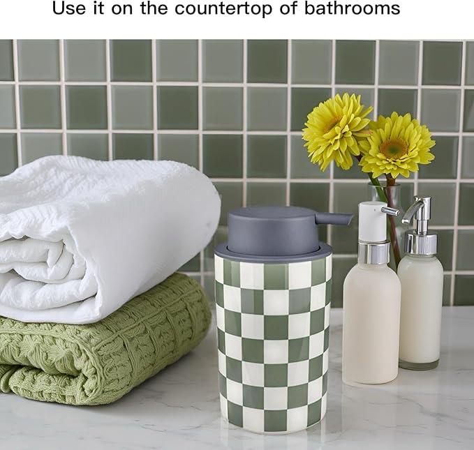 Foaming Soap Dispenser, Green Foam Hand Soap Dispenser for Bathroom/Kitchen Countertop, Ceramic Cute Modern Foamy Soap Bottle for Guest Bathrooms- Sage Green Bath Decor