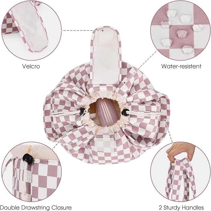 Narwey Barrel Drawstring Checkered Makeup Bag Large Cosmetic Bag Make up Bags Toiletry Bag Travel Bags for Toiletries Organizer for Women Gift for Teen Girls (Dusty Pink Checkerboard) (Patent)