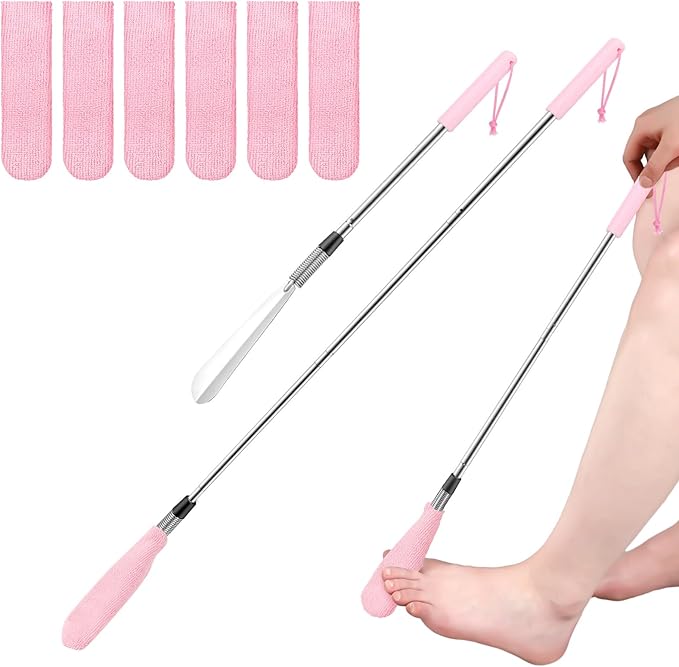 Toe Cleaning Brush Lotion Applicator for Feet with 6 Reusable Drying Covers Foot Cleaner with Telescopic Stainless Steel 16-30 Inch Handle Toe Scrubber for Elderly Disabled Men Women (Pink)