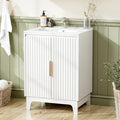 VINGLI 24 Inch Bathroom Vanity with Sink, Pure White Mid Century Modern Fluted Vanity Cabinet with Ceramic Basin, Small Free Standing Combo for Powder Room, Soft Close Doors, Gold Handles