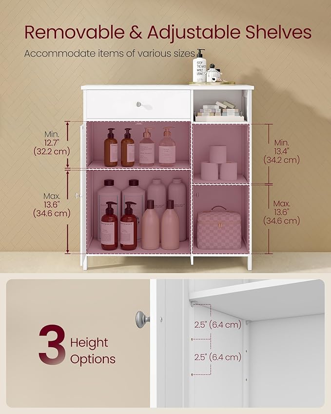 VASAGLE Floor Storage Cabinet with Drawer, Freestanding Cabinet with Doors, 3 Open Compartments, Adjustable Shelves, 11.8 x 29.5 x 31.5 Inches, for Bathroom, Living Room, Cloud White UBBC142W01
