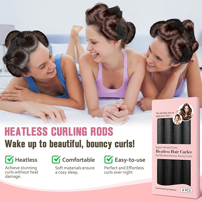 Heatless Curls Overnight, 4 Pcs No Heat Curling Blowout Rod, Satin Blowout Look Heatless Hair Rollers, Soft Flexi Rods for Big Curls to Sleep In