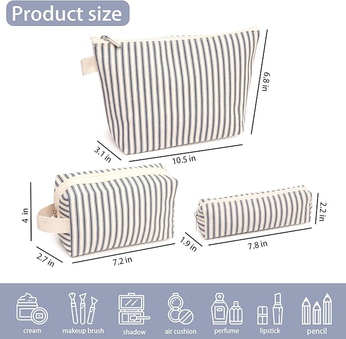 3 Pcs Canvas Makeup Bag Set Cosmetic Pouch for Women Travel Toiletry Bag Cute Makeup Organizer Purse Pouch Preppy Pencil Case with Zipper (Blue Pinstripes)