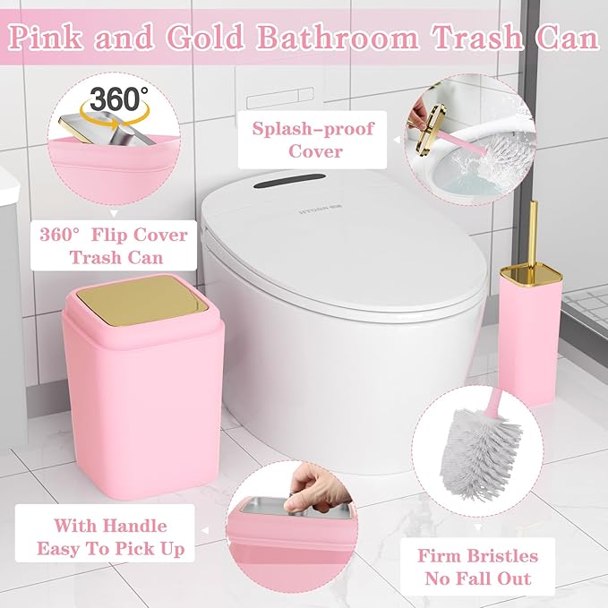 Bathroom Set - Pink Bathroom Sets with Shower Curtain and Rugs, 24PCS Shower Curtain Set with Hooks, Soap Dispenser, Soap Dish, Toilet Brush Holder and Trash Can for Housewarming