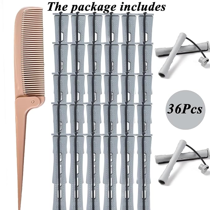 Gray Perm Rods Set for Women - 36pcs Cold Wave Rods Plastic Hair Rollers for Short Long Hair Curling Rod with Rat Tail Comb(36pcs Gray)