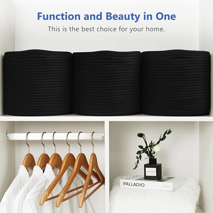 Cotton Rope Storage Basket, 15x10x9 Inches, Woven Basket for Shelves, Clothes, Towels, Books, and Laundry, Black (3 Pack)