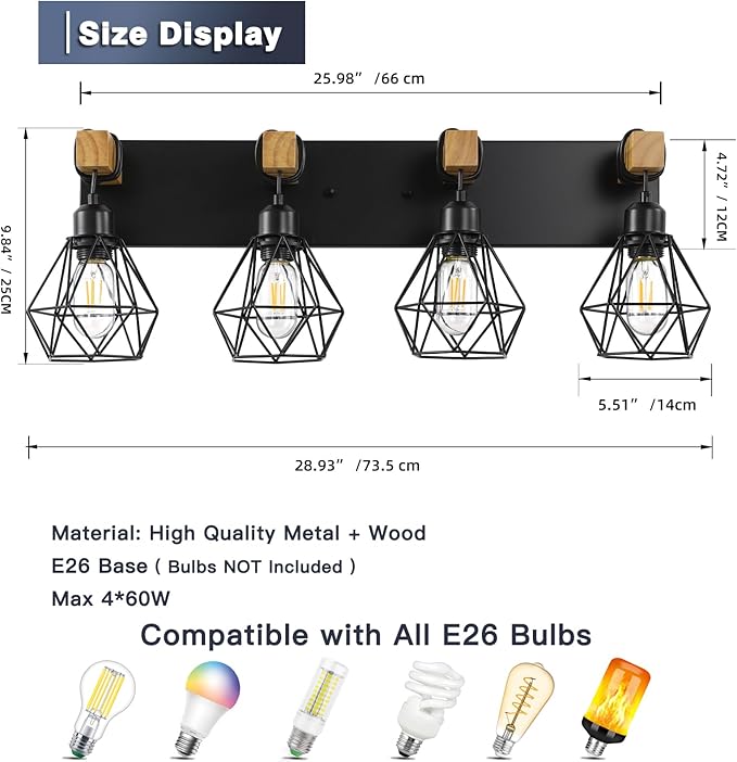 4-Light Farmhouse Bathroom Vanity Light Fixtures, Wood Bathroom Light Fixtures Over Mirror, Rustic Sconces Wall Lighting with Elegant Metal Lampshade for Living Room, Bedroom, Hallway