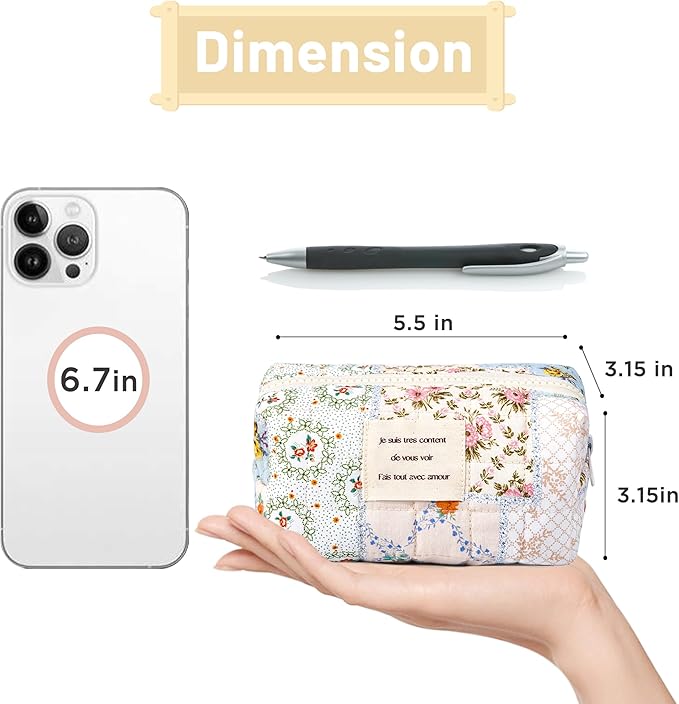 Floral Makeup Bag Pouch - Small Quilted Cosmetic Organizer for Travel Daily, Aesthetic Cottagecore Cotton Toiletry Pencil Purses with Zipper, Portable Gift for Women Girls (Blue Floral-S)