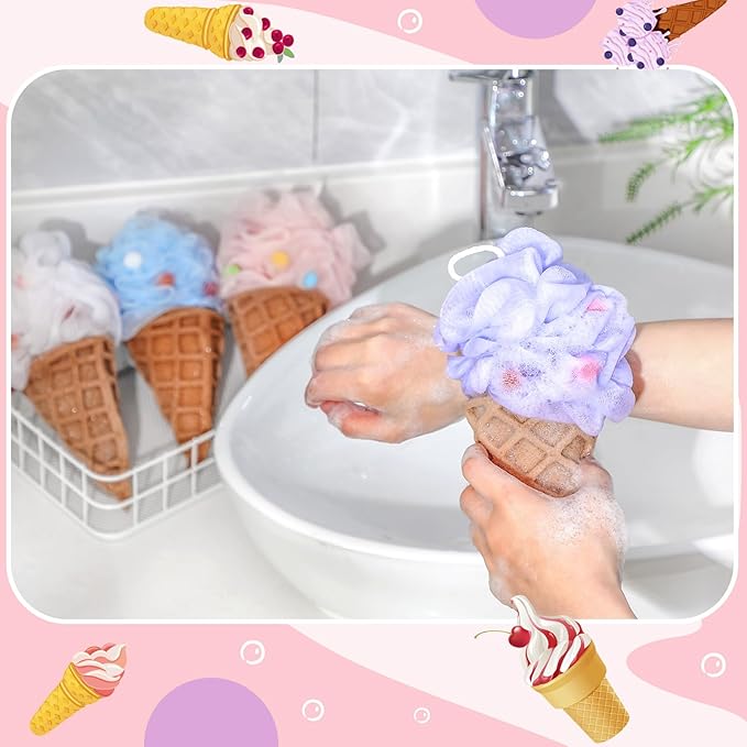 4 Pcs Ice Cream Bath Loofah Sponge Cartoon Body Scrubber Loofah Soft Mesh Exfoliating Bath Scrubber Shower Ball for Shower Sponge Gifts Exchange Birthday Party