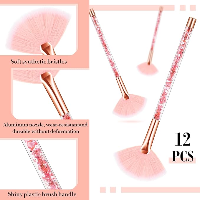 Nuenen 12 Pcs Soft Fan Facial Brushes Mask Acid Applicator Brush for Mud Cream Blush Makeup Peel Glycolic Multi Use Cosmetic Tools with Glitter Quicksand Handle and Pouch(Pink)