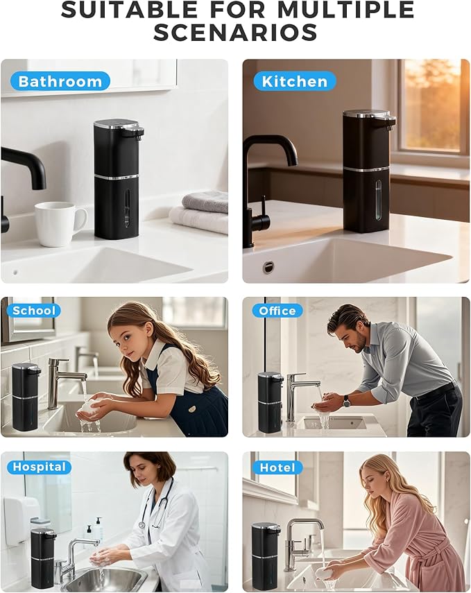 Automatic Foaming Soap Dispenser Touchless, USB Rechargeable Smart Hand Soap Dispenser, 9-Level Adjustable, 13.5oz/400mL,IPX5 Waterproof, Wall/Tabletop Kitchen Bathroom, Black