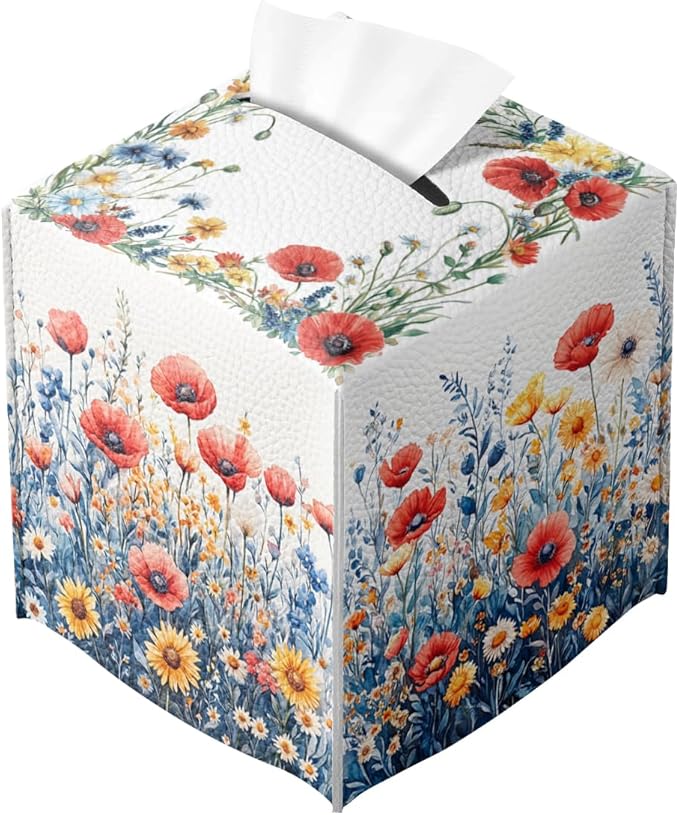 Flower Tissue Box Cover Red Poppy Daisy Wild Garden Watercolor Leather Tissue Box Holder Square Facial Paper Organizer Dispenser for Bathroom Kitchen Bedroom Vanity Countertop Night Stands