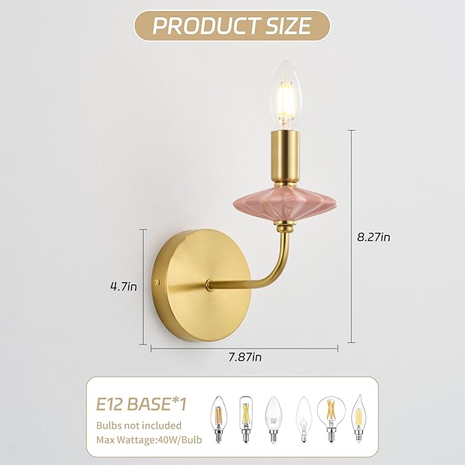 Modern Retro Wall sconces Set of Two with Pink Ceramic Flower Decoration,Brushed Gold Wall Lights, Hardwired Vintage Vanity Light for Bathroom, Living Room, Bedroom, and hallways.