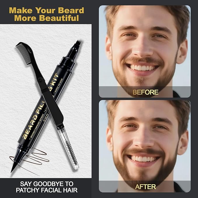 Beard Pen Beard Pencil Filler for Men Beard Filler 4 Tip Pen for Natural Looking Beard 2PCS Beard Pencil & 1PCS Double Head Beard Brush Double Head Four Fork Eyebrow Pencil Eyeliner (Dark Brown)