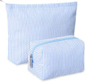2 Pcs Makeup Bag Set Cute Cosmetic Pouch for Women Seersucker Travel Toiletry Bag Preppy Small Makeup Purse Pouch Aesthetic Skincare Brushes Storage Organizer for Valentine Women(Blue)