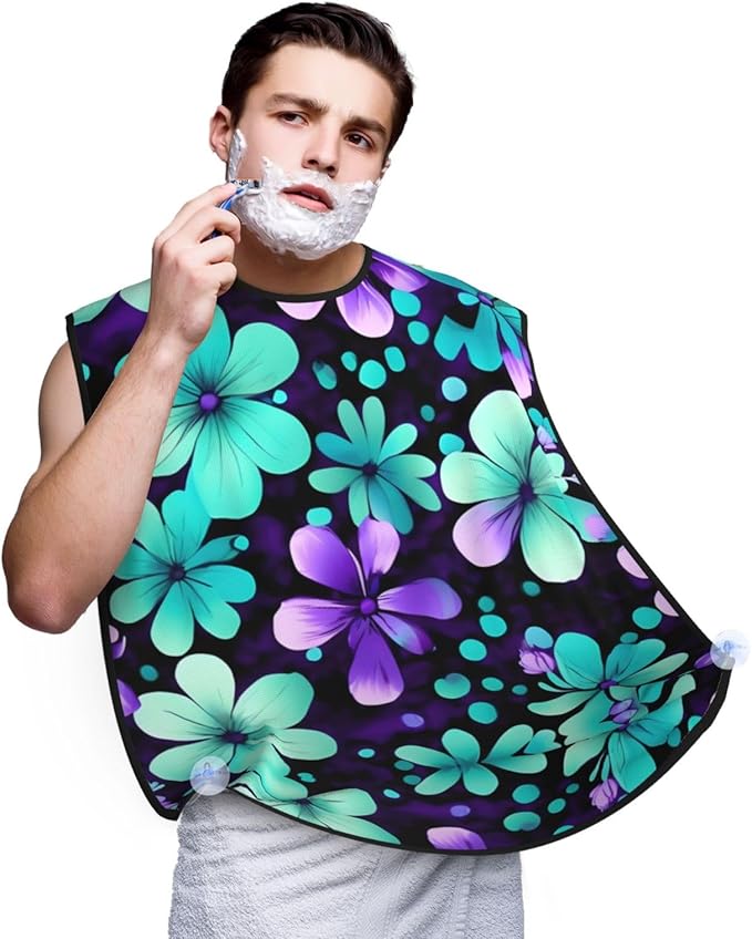 Purple And Teal Flowers Print Beard Bib Shaving Apron, Beard Hair Trimming Cape Gift For Dad