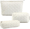 3 Pcs Makeup Bag Cosmetic Bag Set for Girls Women Checkered Travel Organizer Bathroom Toiletry Pouch Large Capacity Storage Bag(Small Flower Blue)