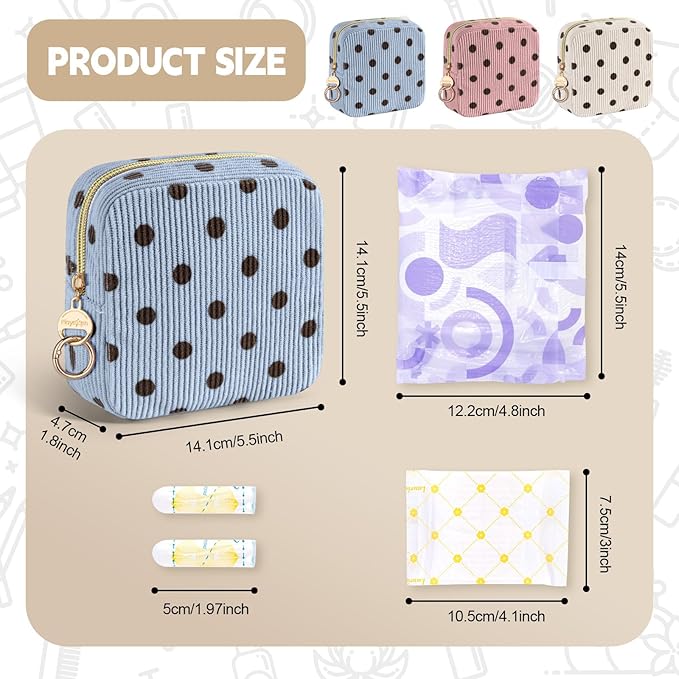 Period Bag for Teen Girls, Corduroy Cute Sanitary Napkin Storage Bag, Menstrual Pad Pouches Tampon Holder for Purse (Blue-Polka Dots)