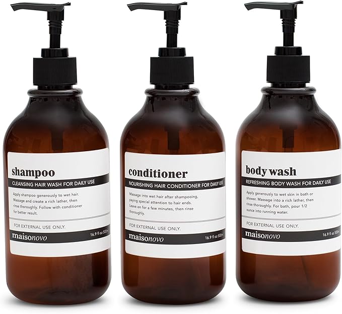 MaisoNovo Refillable Shampoo and Conditioner Bottles - 16.9 fl oz Set of 3 Amber Plastic Bottles Black Pumps